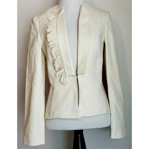 Derek Lam 10 Crosby Jacket Womens 2 Peplum Ivory Fringe Lapel Blazer Textured - Picture 2 of 10